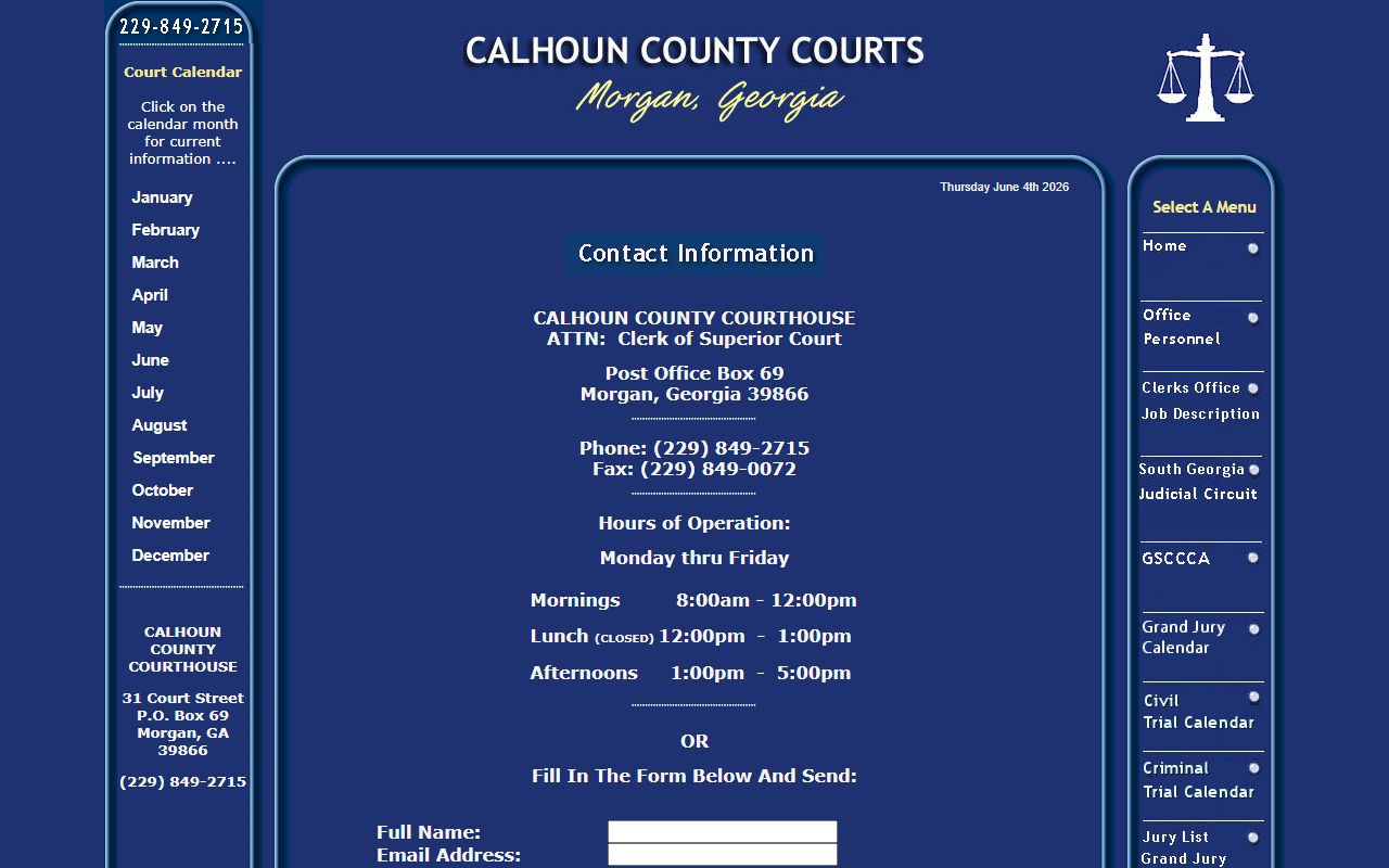 Calhoun County court records after jail arrest clerk contact page