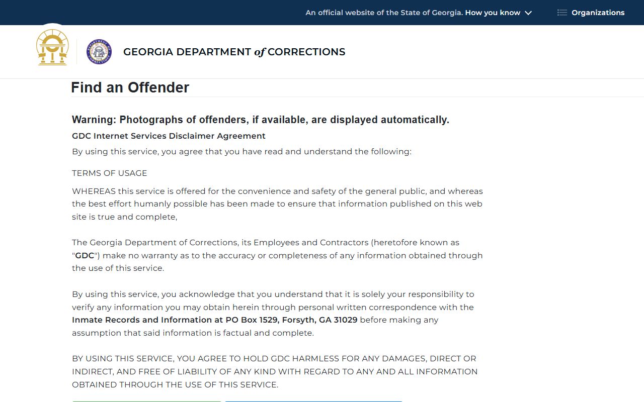 Georgia Department of Corrections offender query for Calhoun County inmate lookup
